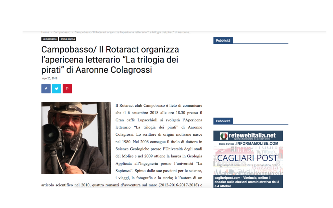 Campobasso/ Il Rotaract organizza l’apericena letterario “La trilogia dei pirati” di Aaronne Colagrossi – Informamolise
